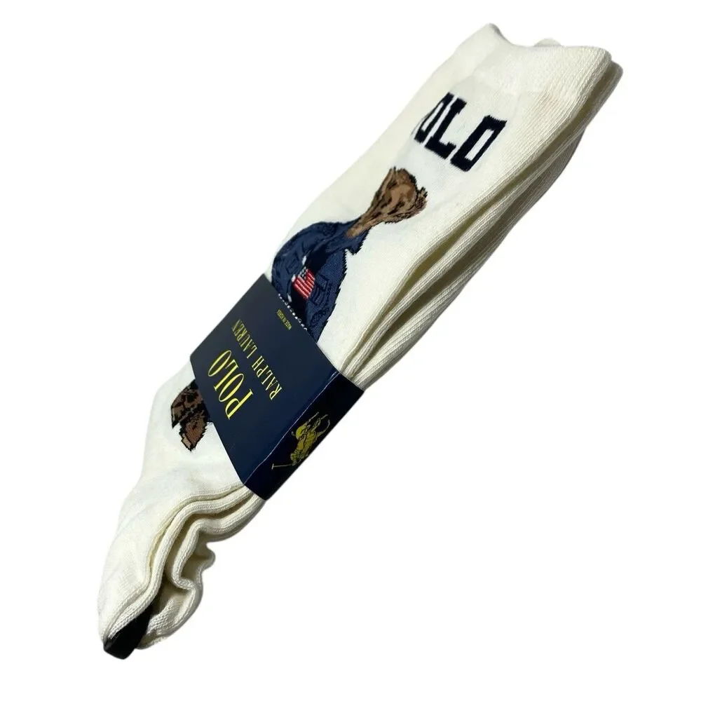Polo Ralph Lauren Womens Ivory Polo Bear Flag Sweater Crew Socks Preppy